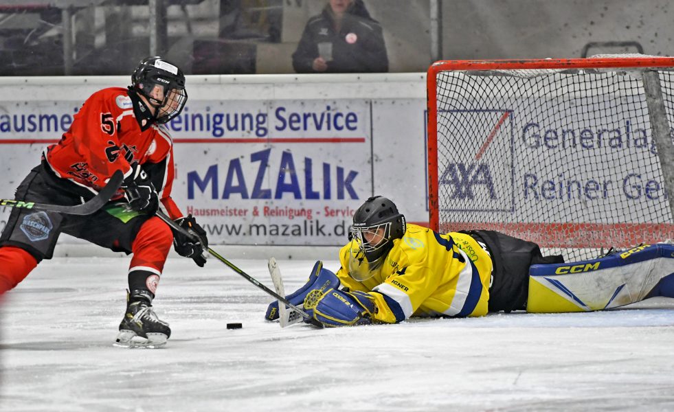 homepage - Christian Göttlicher (ESV, li.) gegen Goalie Timo Greimel (EHC Wkbg 1b)